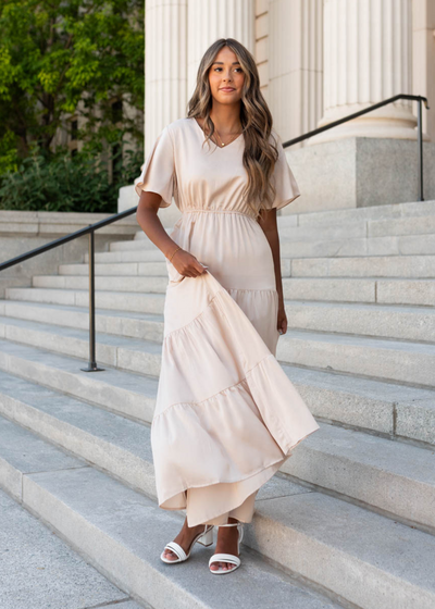 High waisted champagne maxi dress