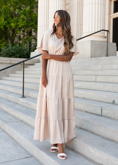 Champagne maxi dress with short sleeves