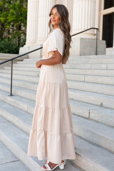 Side view of the champagne maxi dress