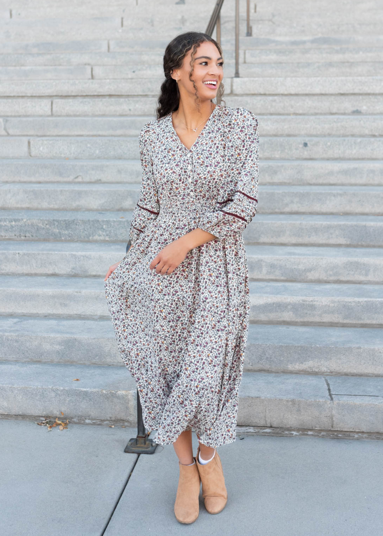 Button up bodice burgundy floral dress