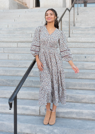 Long sleeve burgundy floral dress