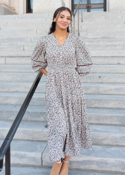 Burgundy floral dress with long sleeves