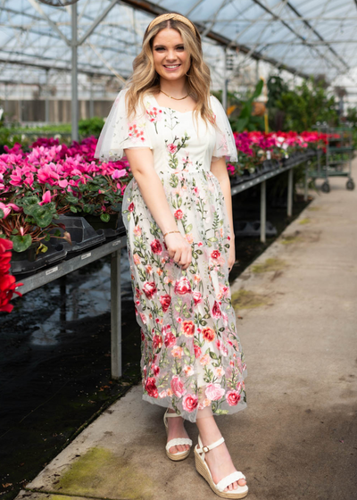 Pink embroidered mesh dress