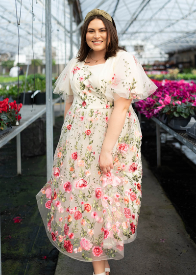 Plus size pink embroidered mesh dress