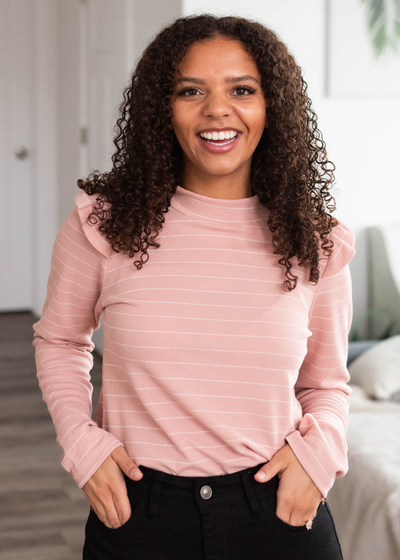 Mauve stripe ruffle top with long sleeves