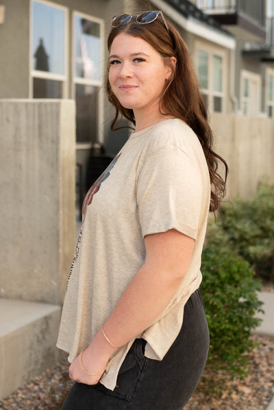 Side view of the plus size America sunflower top