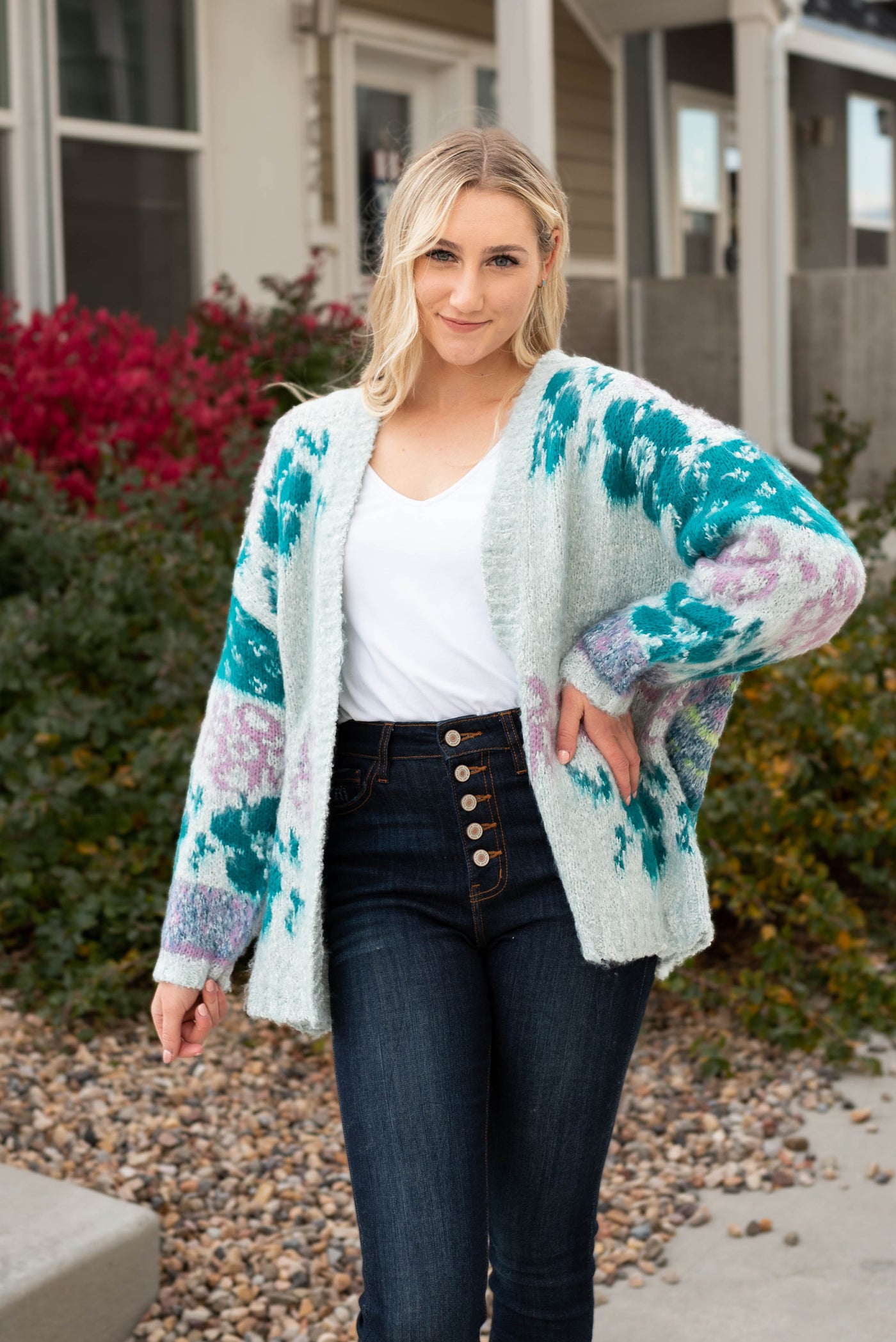 Teal and lavender multi floral cardigan