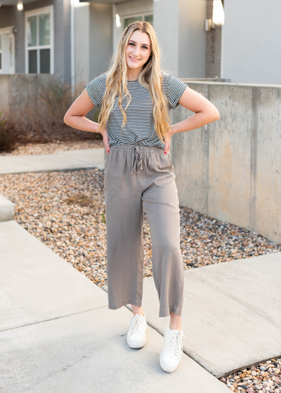 Grey drawstring wide leg pants