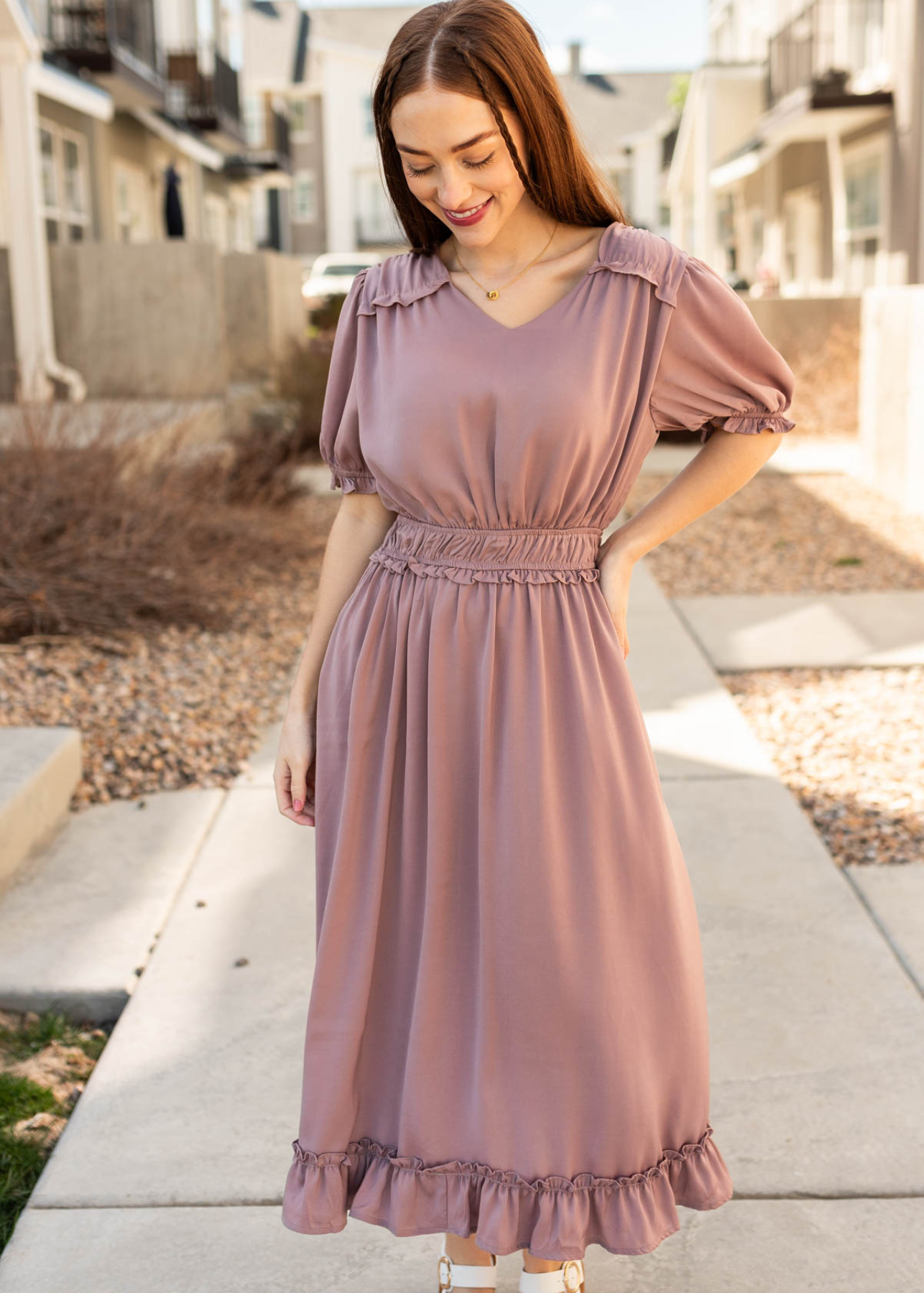 Short sleeve dusty lavender ruffle dress