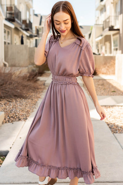 Short sleeve dusty lavender ruffle dress