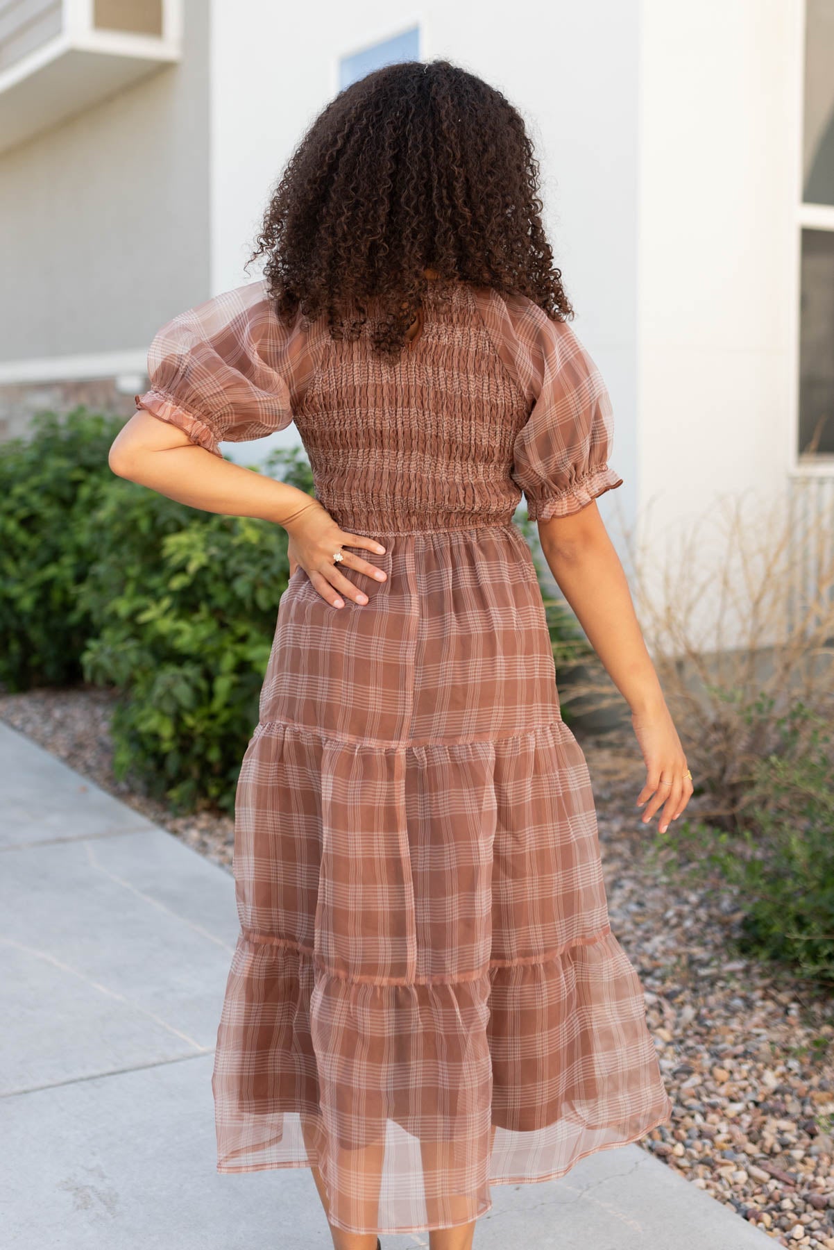 Back view of the brown plaid dress