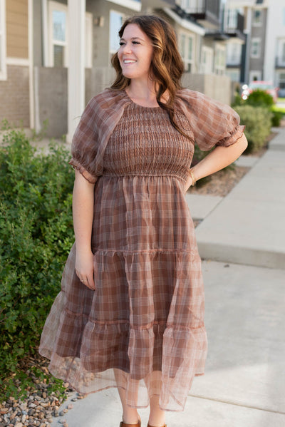 Brown plaid dress with smocked bodice in plus size