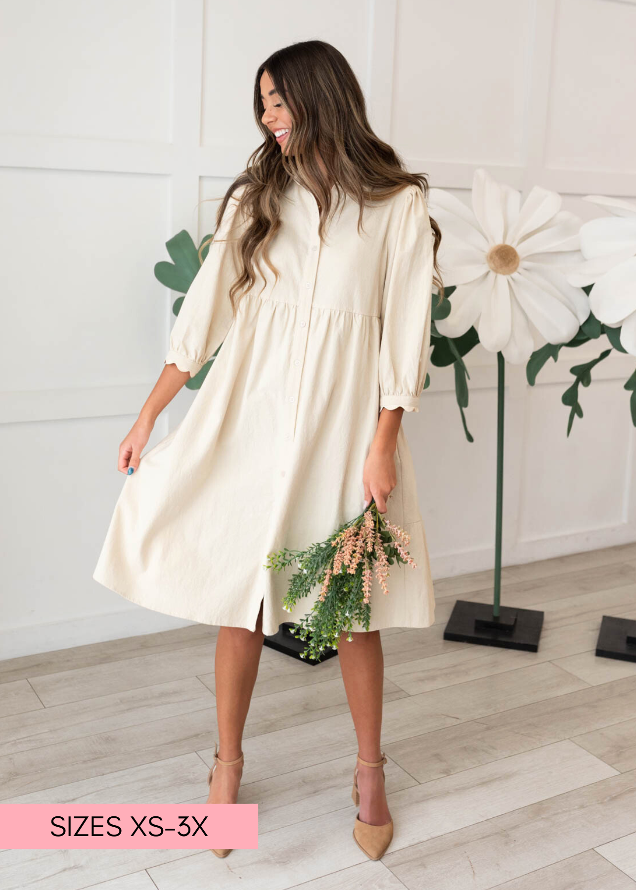 Three quarter sleeve beige button down dress 