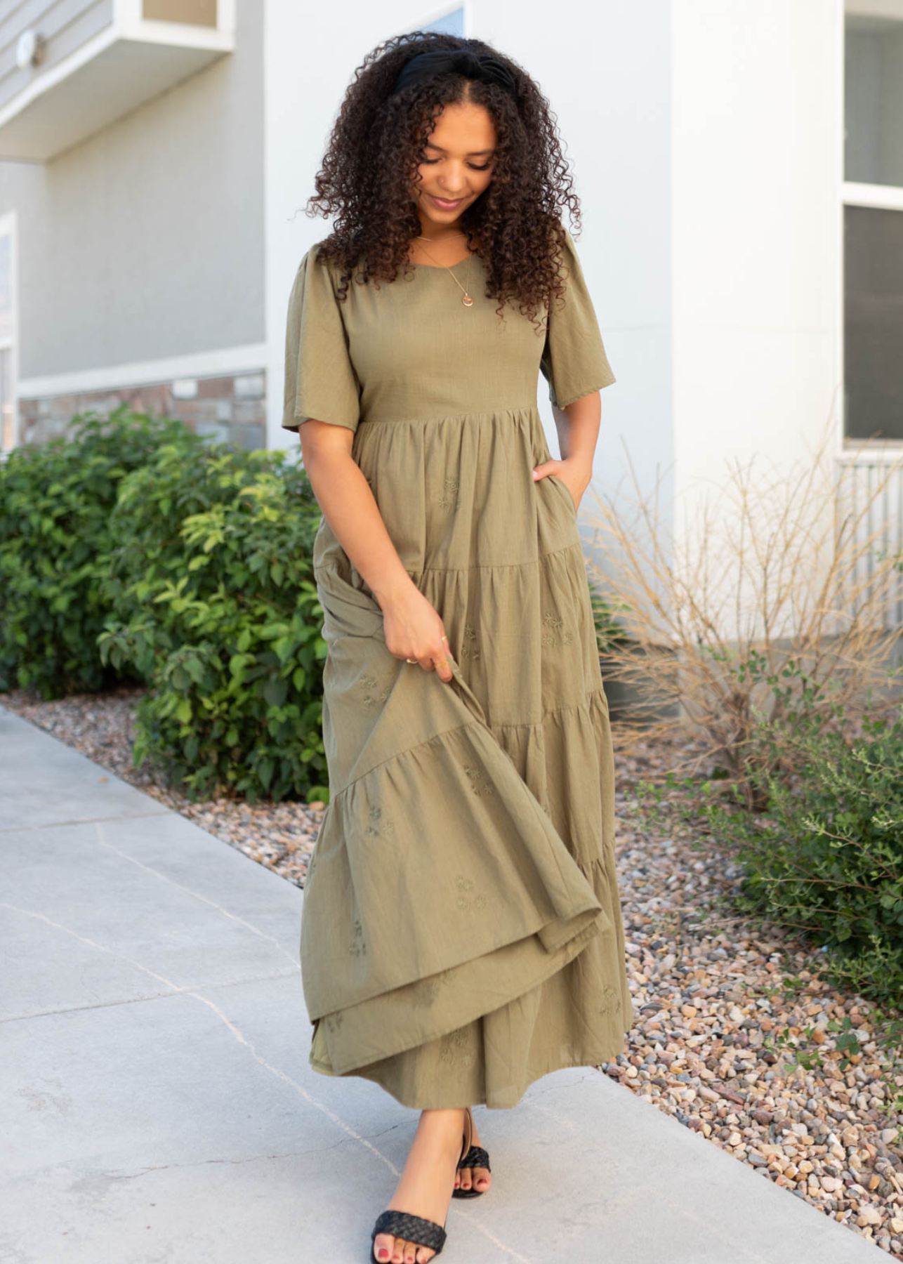 Olive floral embroidered dress with short sleeves