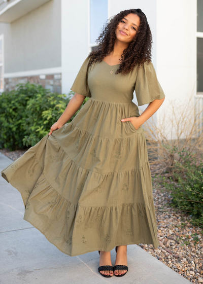 Short sleeve olive floral embroidered dress