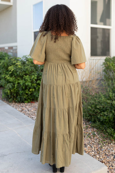 Back view of the olive floral embroidered dress