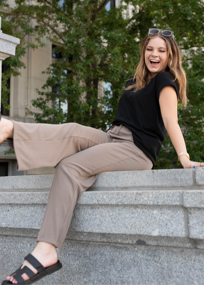 Taupe textured wide leg pants with tie