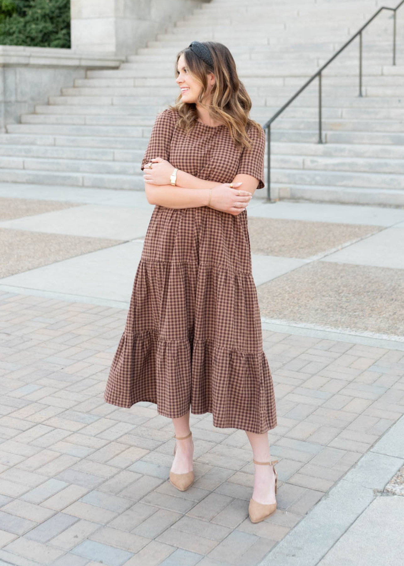 Short sleeve brown gingham dress