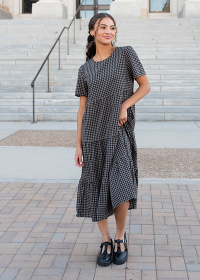 Charcoal gingham dress with pockets