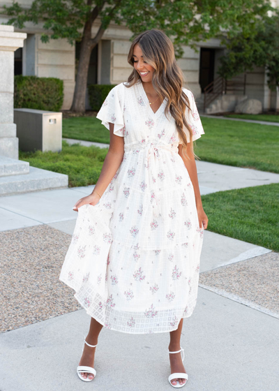 High waisted cream floral tiered dress