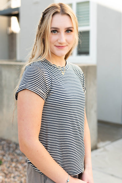 Side view of the navy stripe top