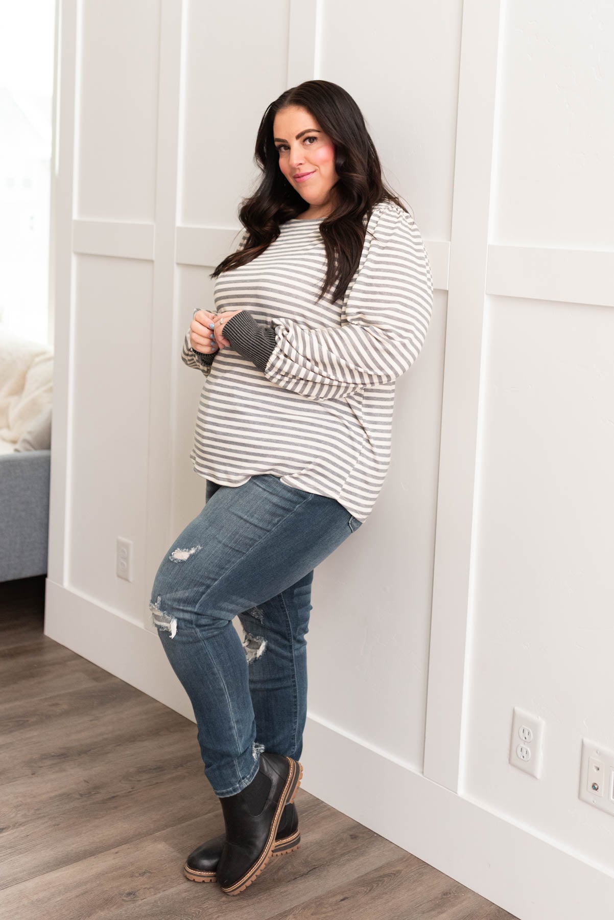 Long plus size grey striped long sleeve top