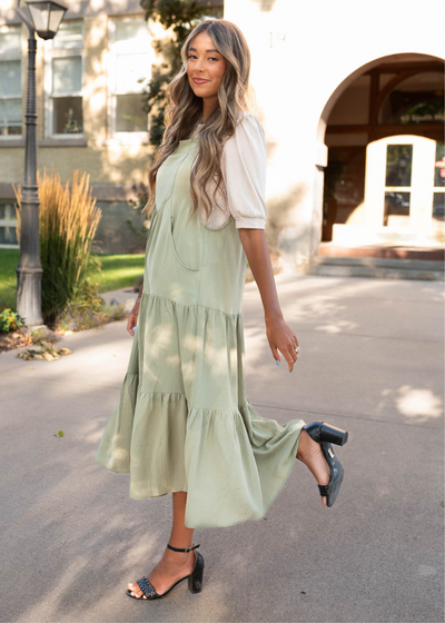 Sage green overall dress with front pockets