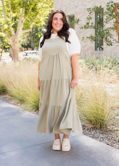 Sage green overall dress in plus size with tiered skirt