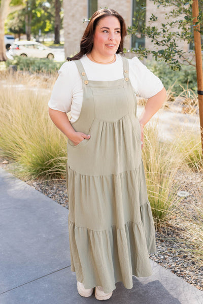 Plus size sage green overall dress with pockets and front pocket