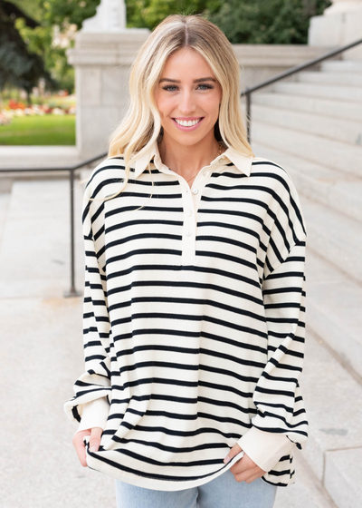 Black stripe pullover shirt with ivory collar and cuffs