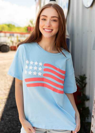 front view of the light blue American flag top