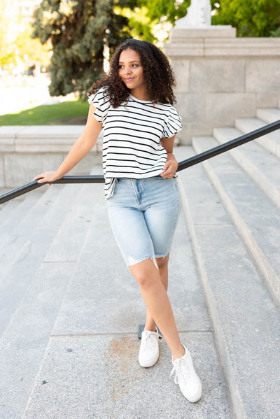 Black stripe ruffle top with short sleeves