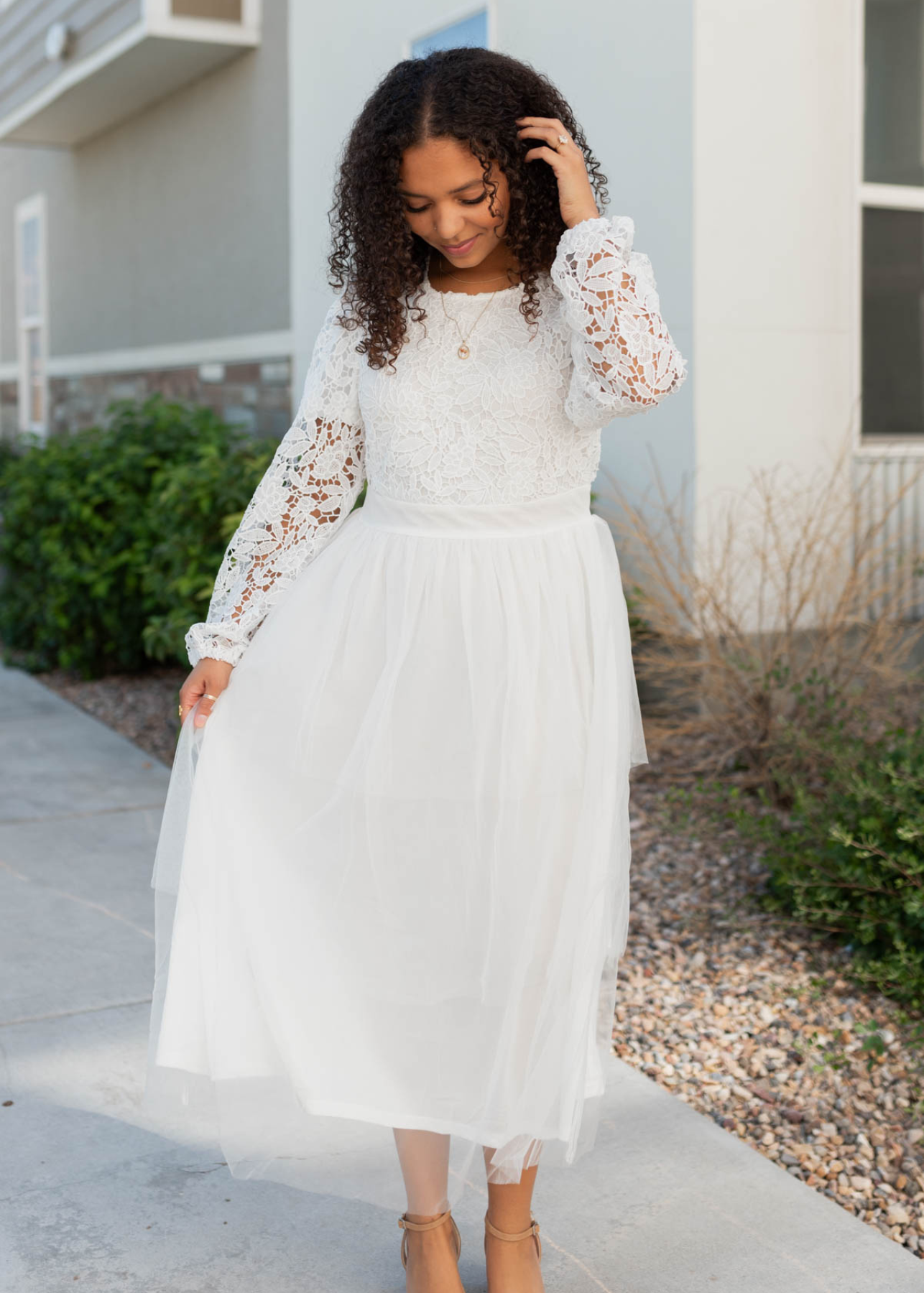 White lace tulle dress with long sleeves