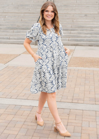 Navy multi floral dress with pockets