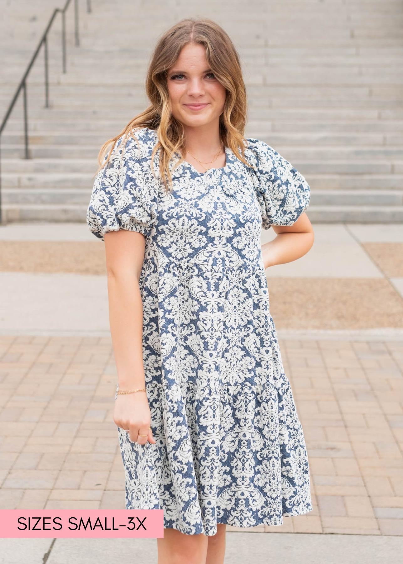 Short puff sleeve navy multi floral dress