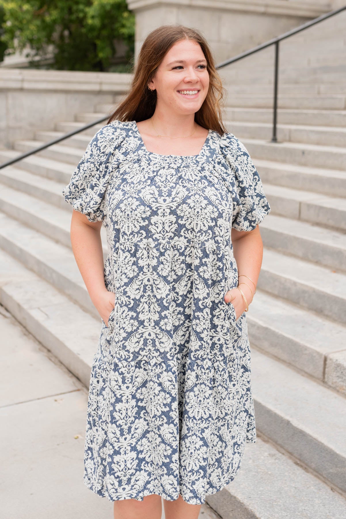 Plus size navy multi floral dress with a square neck