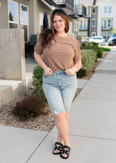 Plus size basic brown top with short sleeves