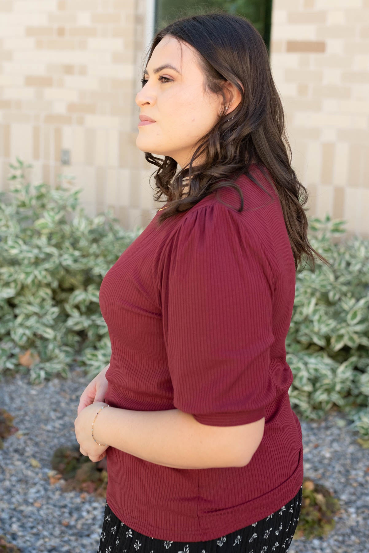 Side view of the basic burgundy top