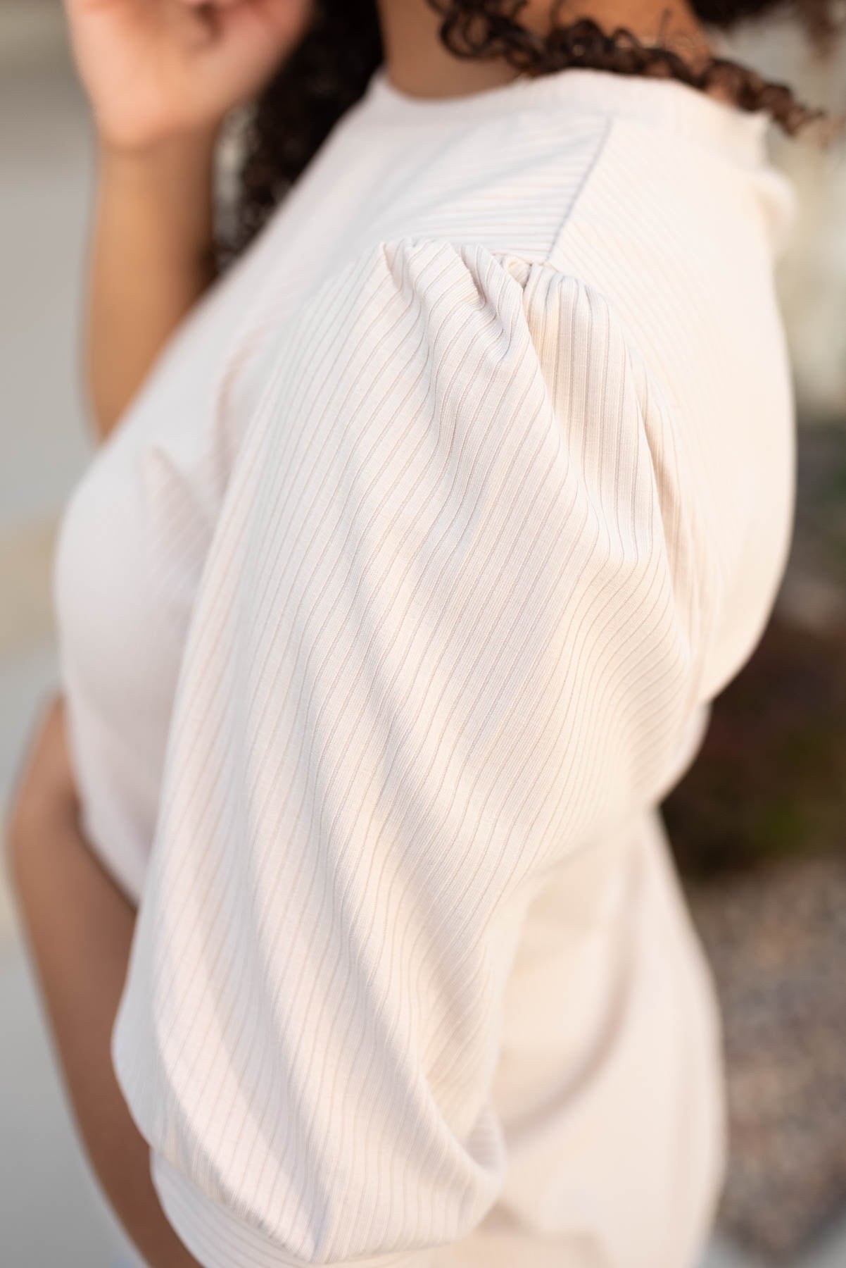 Close up of the sleeve on the basic oatmeal top