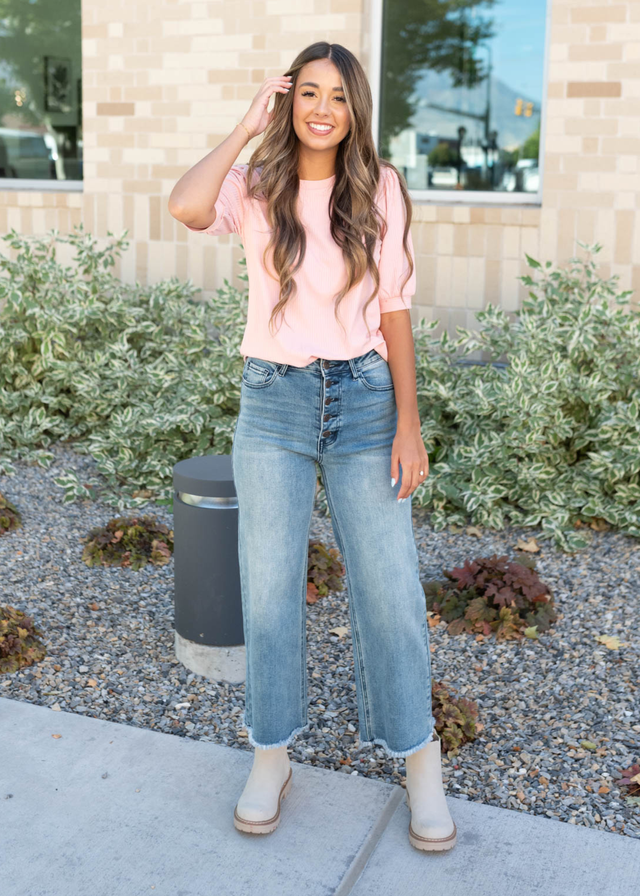 Basic pink top with puff sleeves