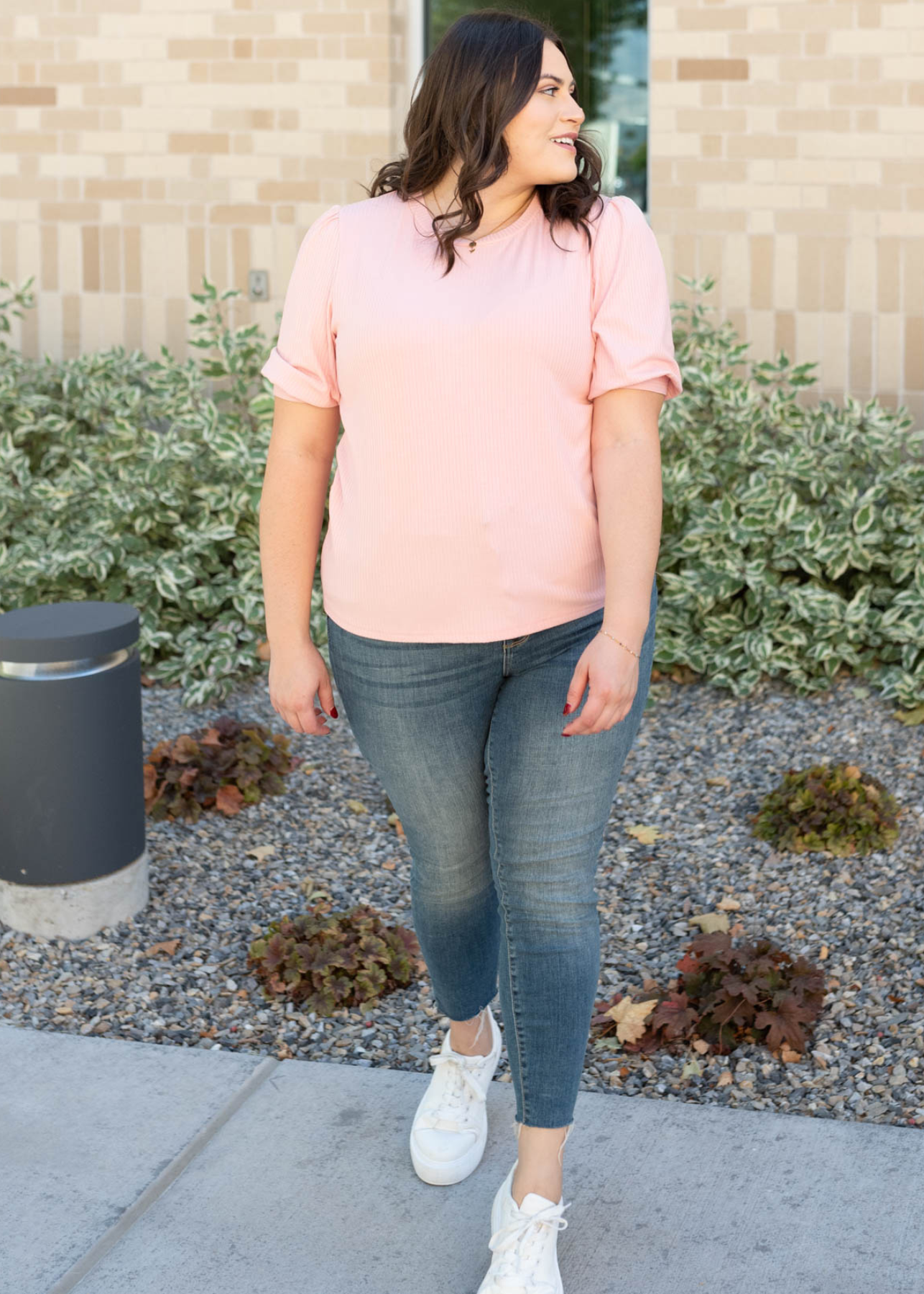 Short sleeve plus size basic pink top