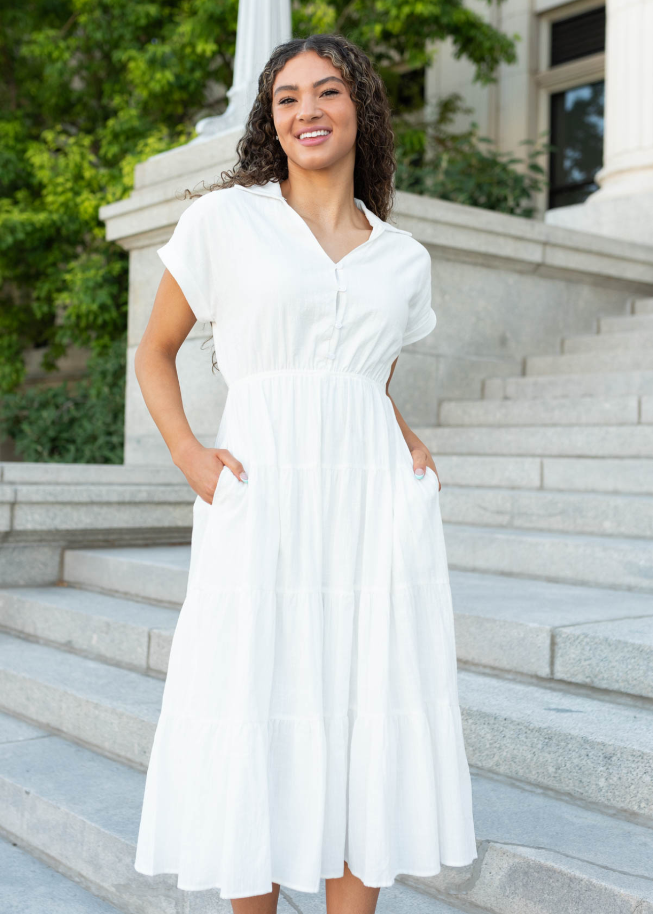 White collared tiered dress with pockets