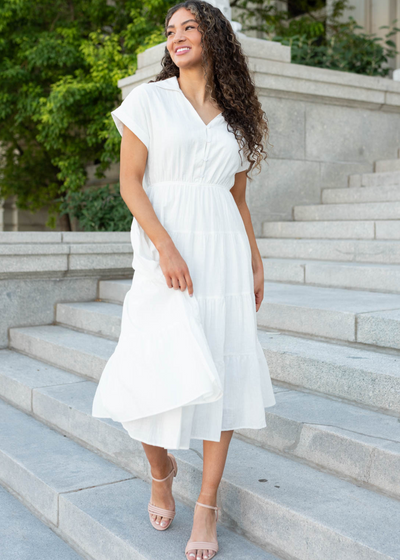 Short sleeve white collared tiered dress