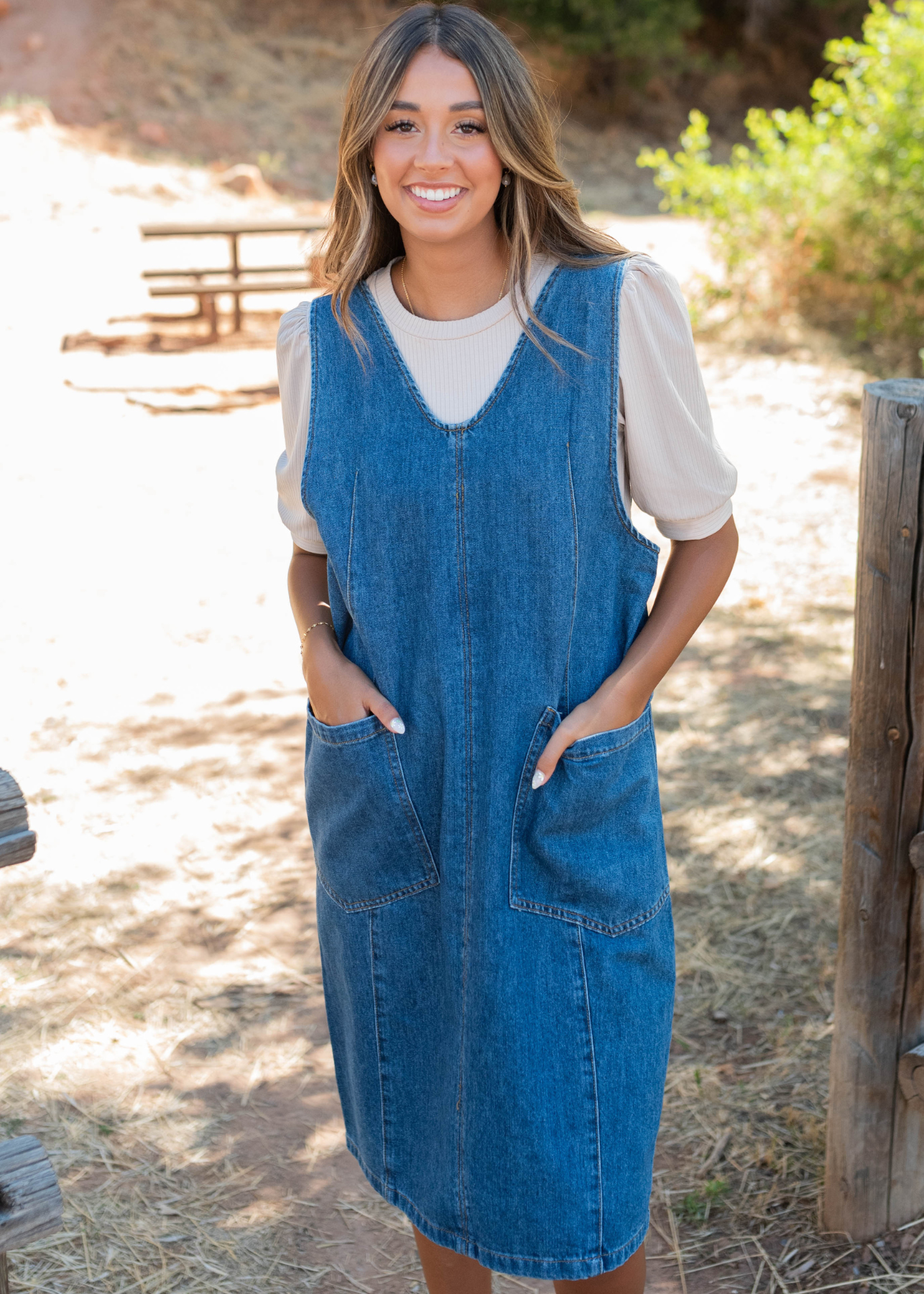 Ingigo denim overall dress with adjustable straps in the back