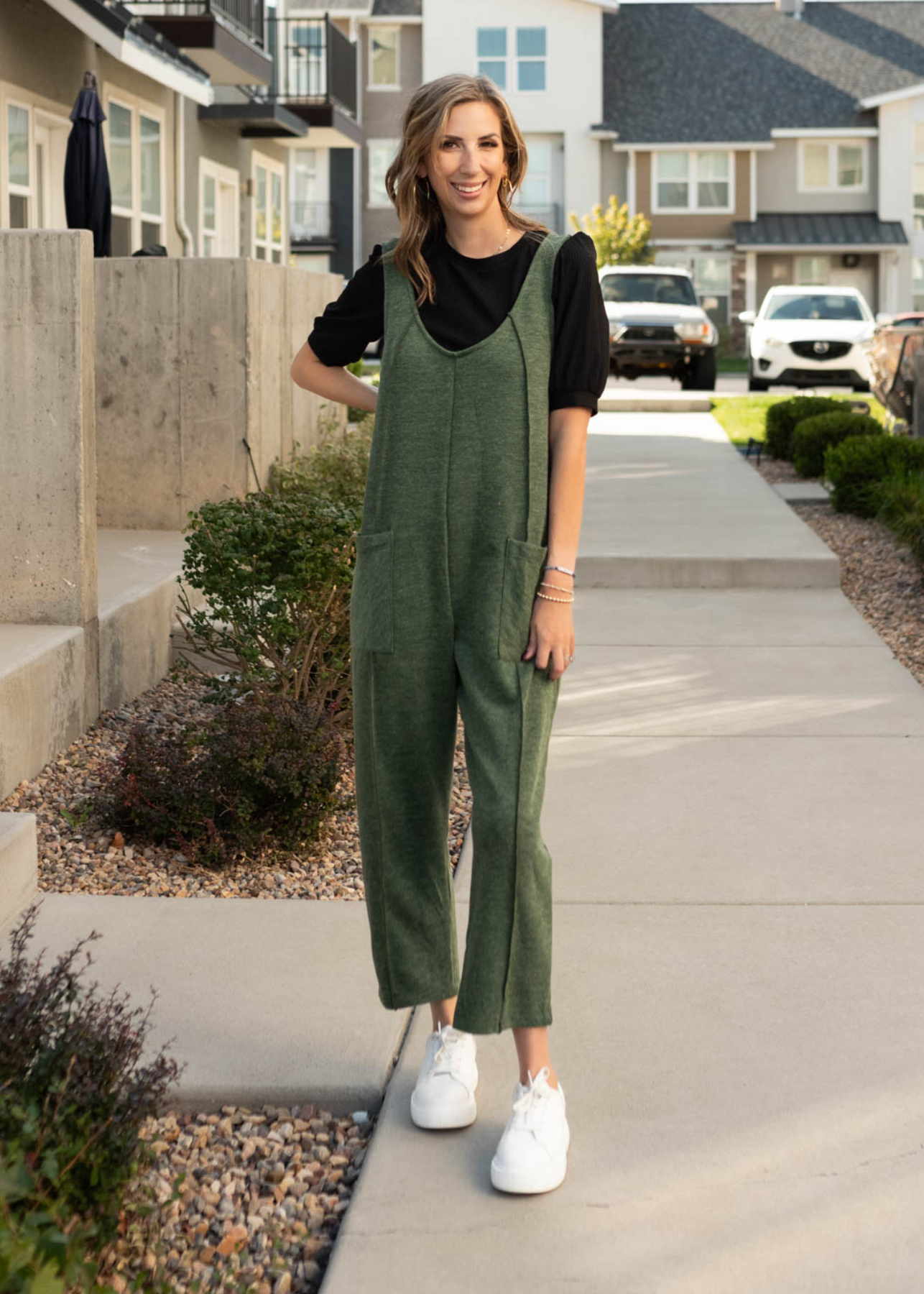 Knit olive overalls