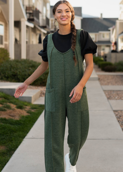 Olive overalls with front pockets