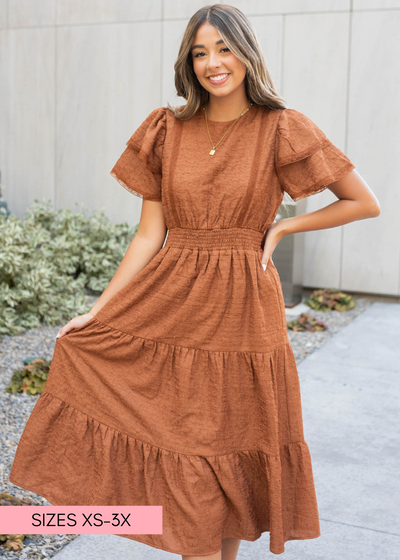 Chestnut ruffle tiered dress with elastic waist