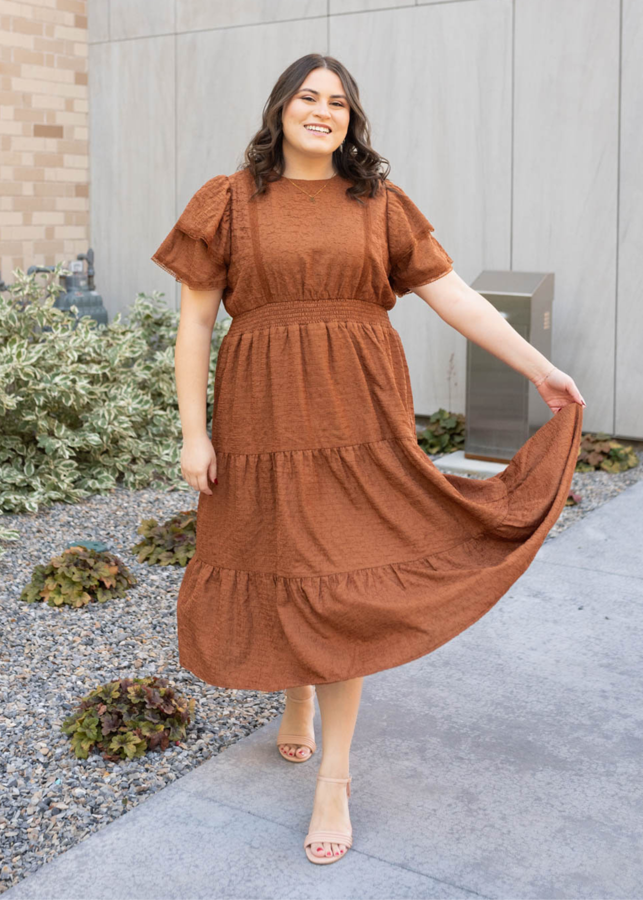 Short sleeve chestnut ruffle tiered dress in plus size