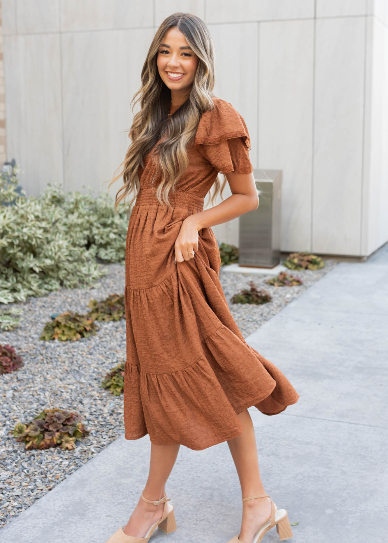 Short sleeve chestnut ruffle tiered dress