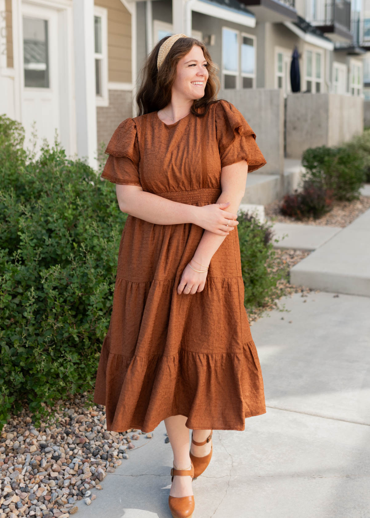 Plus size chestnut ruffle tiered dress